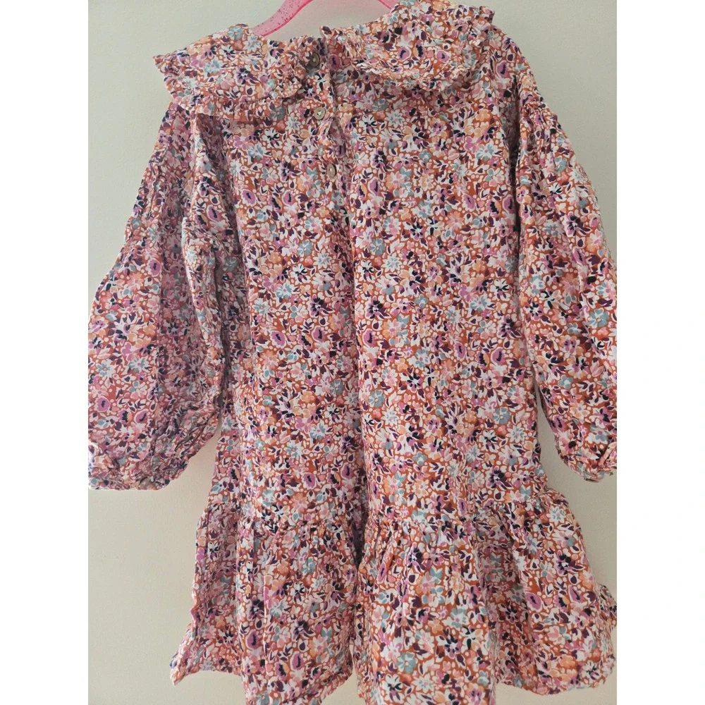 Next Kids Floral Cotton Dress Peter Pan Collar Orange Pink 4-5 Years 800-522-412 - Picture 4 of 6